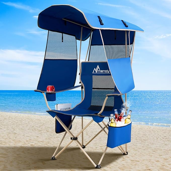 MENOLY Camping Chair with Shade Canopy, Folding Canopy Chair with Cooler Bag for Outdoor Sports, Lawn Chairs with Extra Storage Space, Sturdy Steel Frame for Camping, Beach, Tailgates, Fishing