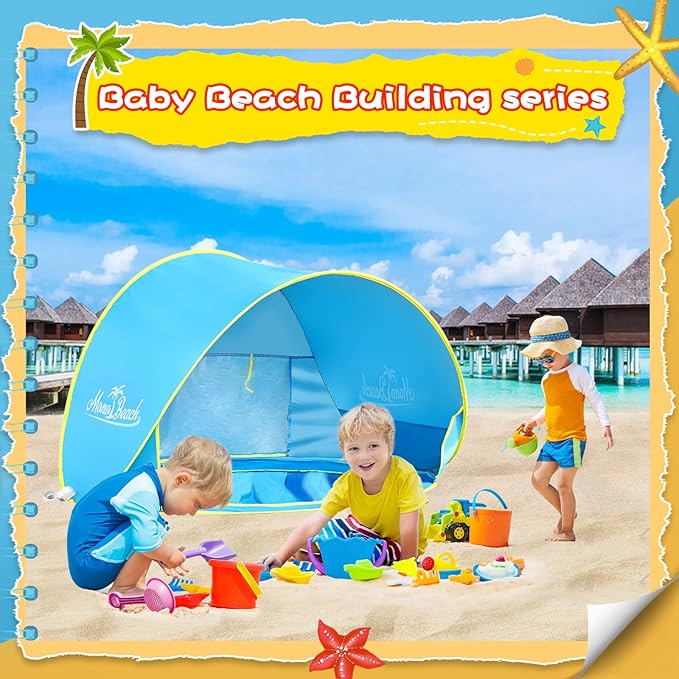 Monobeach Baby Beach Tent with Beach Sand Toys Pop Up Portable Shade Pool UPF50+ UV Protection Sun Shelter for Infant with Easy Set Up Canopy (Blue with Toys)