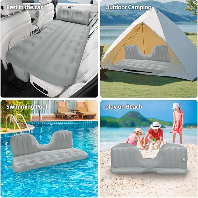 BEBAS Self-Inflating SUV Air Mattress Car Back Seat Bed, PVC Flocked Surface Car Air Couch Cushion Built-in Charging Pump for Rapid Inflation and Deflation. Gray