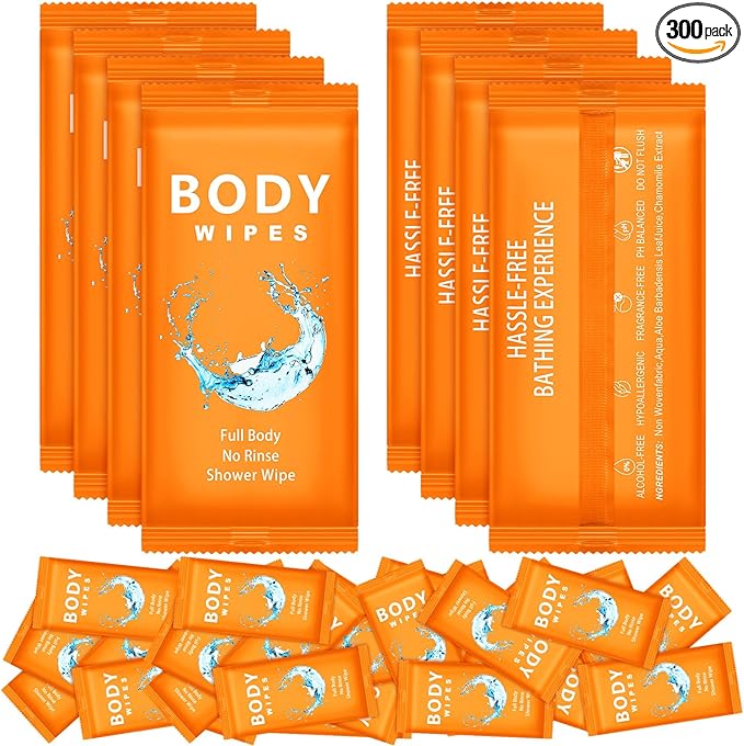 Treela 300 Pcs Bulk Deodorant Large Body Wipes Individually Wrapped Wet Wipes Travel Size for Adults Shower for Homeless Supplies Hygiene Personal Cleansing for Hiking Gym(7.09" X 9.84",Orange)