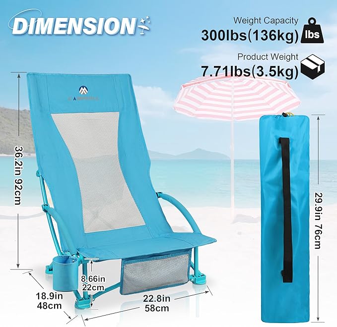 Beach Chairs for Adults 2 Pack,Heavy Duty Folding High Back Camping Chairs w/Cooler Bag,Mesh Back,Cup Holder & Storage Bag,Compact Sling Chair for Lawn,Picnic,Travel,Blue