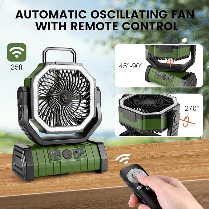 Odoland 30000mAh Camping Fan with LED Lantern, Rechargeable Battery Operated Oscillating with Remote Hook, Portable Tent Fan with Timer, 4 Speeds for Outdoor RV Jobsite Power Outage, Green