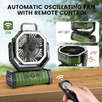 Odoland 30000mAh Camping Fan with LED Lantern, Rechargeable Battery Operated Oscillating with Remote Hook, Portable Tent Fan with Timer, 4 Speeds for Outdoor RV Jobsite Power Outage, Green