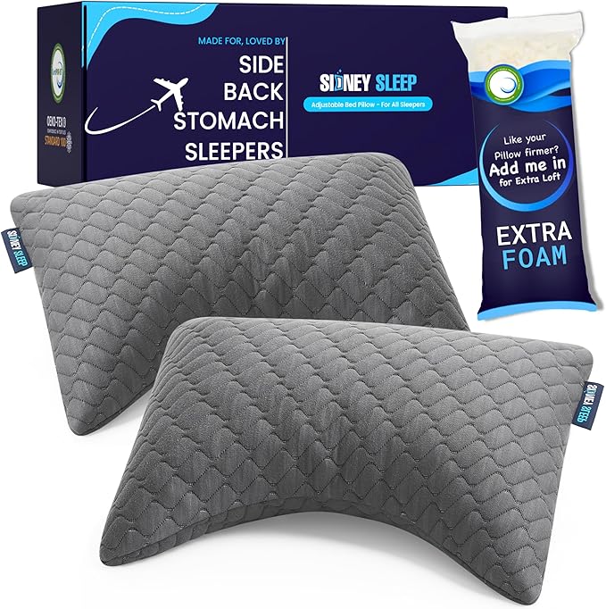 Sidney Sleep Set of 2 Mini Travel Size Neck Pillows - Knee Pillow - Back Lumbar Support - Curved Bed Pillow - 14 x 19 Inches - Adjustable Loft - Carry Backpack Included (Grey 2 Pack Mini)