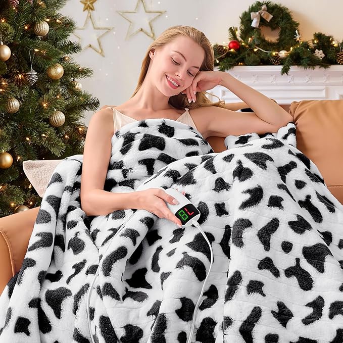Cow Print Heated Electric Blanket Twin,62X84 Black Heating Blanket with 10 Heats Levels & 8 Hours Auto Off,Cute Cow Decor Fleece Sherpa Blankets Warmer Gifts for Women Couch Office,Washable,ETL
