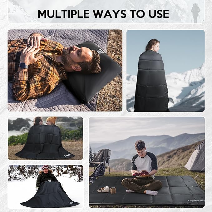 Camping Blanket, 2-in-1 Wearable Puffy Camping Blanket with Hood & Snap Buttons Waterproof Lightweight Travel Blanket Converts to Pillow for Backpacking, Beach, Picnics, Stadium (Black)