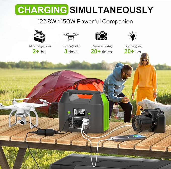 SinKeu Portable Power Station, 122.8Wh LiFePO4 Battery with 150W Output, 38,400mAh Laptop Power Bank Station for Outdoor Travel, Camping, Home, Emergency-Green