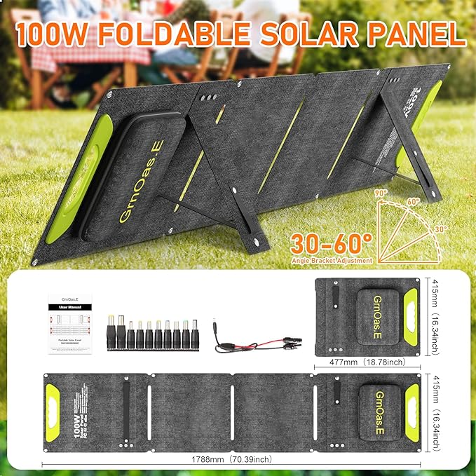 100W Portable Foldable Solar Panel, High Efficiency, DC（5525）/USB-A,USB-C Outputs, 10 DC Adapters, Monocrystalline Silicon, IP67 Waterproof – Your Perfect Outdoor Companion! RV，Camp，Road Trip..