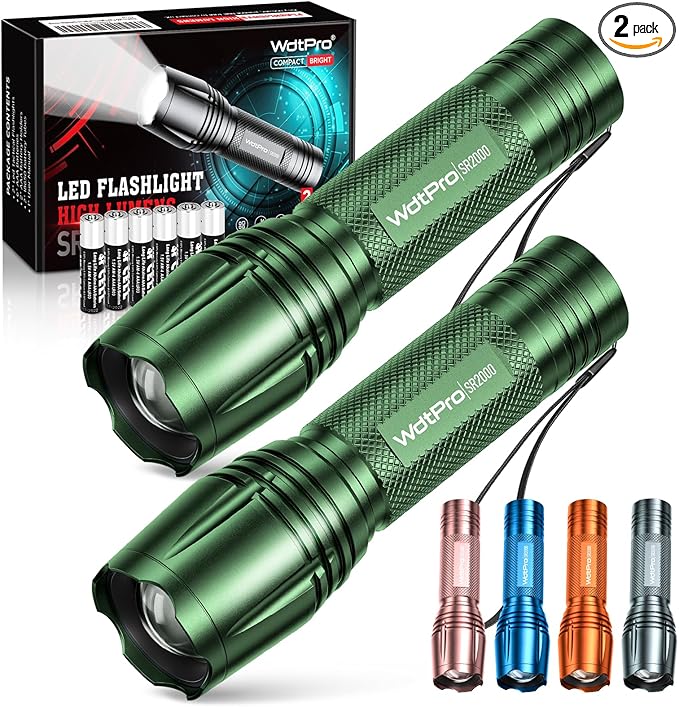 WdtPro LED Flashlight High Lumens SR2000 Pro, 2 Pack Brighter Tactical Flashlights with 5 Modes & Zoomable, Powerful Mini Flash Light for Emergency, Camping, Hiking (Green)