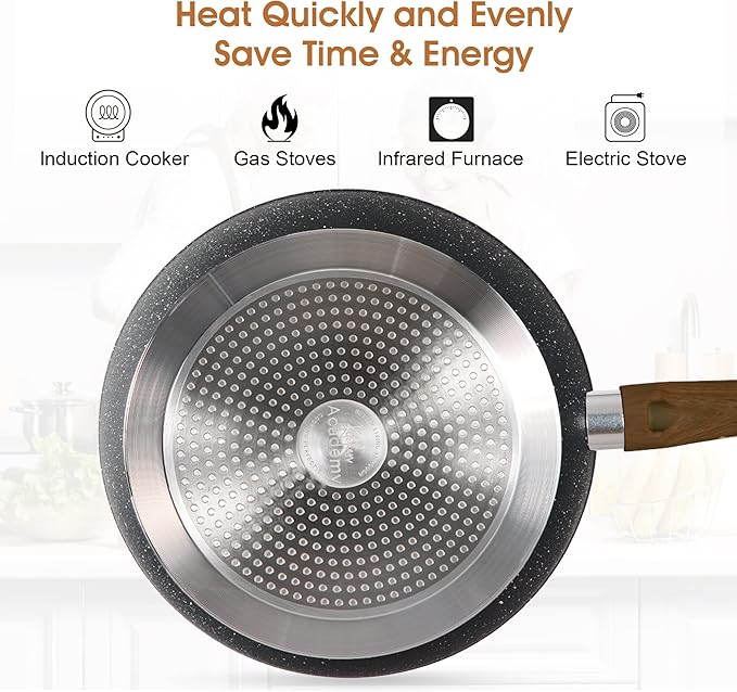 Kitchen Academy Induction Cookware Set-17 Piece Non-stick Cooking Pan Set, Black Granite Pots and Pans Set