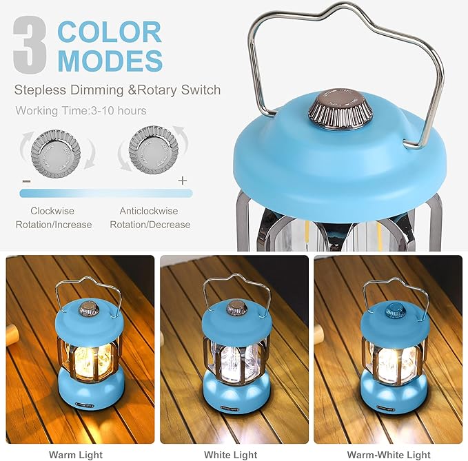 Rechargeable LED Camping Lanterns, 2000mAh Vintage Camping Lights Battery Operated Rechargeable , Hanging Retro Metal Hiking Tent Lamp for Emergency, Hurricane,Decoration,Home,Blue, 1 Pack