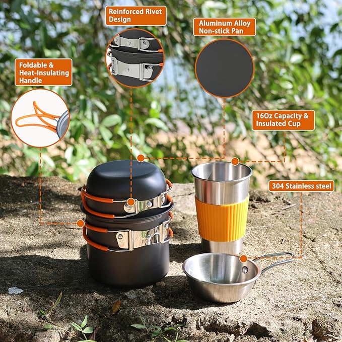 10Pcs Camping Cookware Mess Kit - 1.2L & 0.6L Camping Pots with Stove, Forks Knives Spoons, Sierra Cup, Canister Stand and 16Oz Stainless Steel Cup for Backpacking, Hiking, Outdoor Cooking