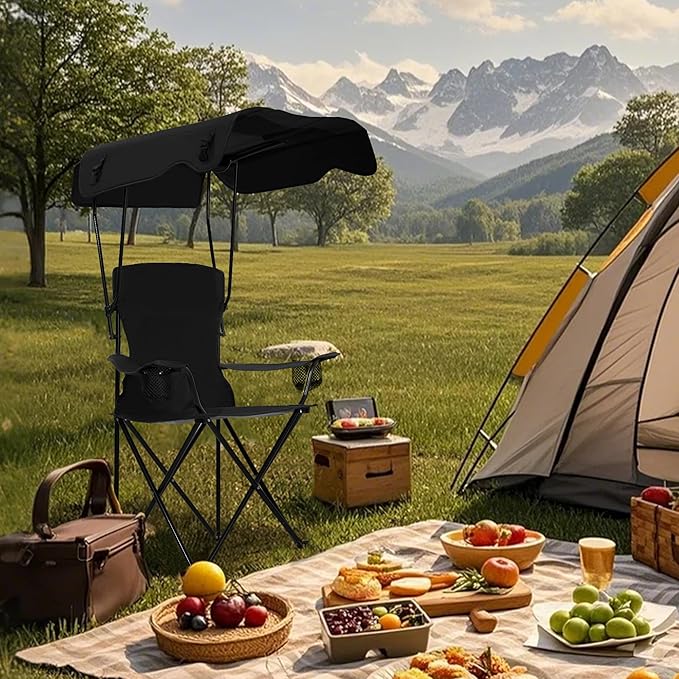 Folding Camping Chair with Canopy, Portable Outdoor Beach Chair for Fishing, BBQ, Picnic, Backyard, Lightweight Sun Shade Chair with Cup Holder, Black