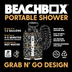 BeachBox Portable Shower Tank – Insulated Hot & Cold Water Tank for Camping, Beach, & Outdoor Adventures – 1.3 Gal Capacity – Multi-Spray Shower Gun – Easy Fill & Carry