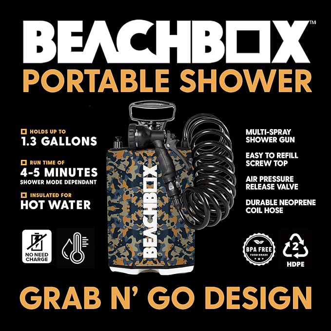 BeachBox Portable Shower Tank – Insulated Hot & Cold Water Tank for Camping, Beach, & Outdoor Adventures – 1.3 Gal Capacity – Multi-Spray Shower Gun – Easy Fill & Carry