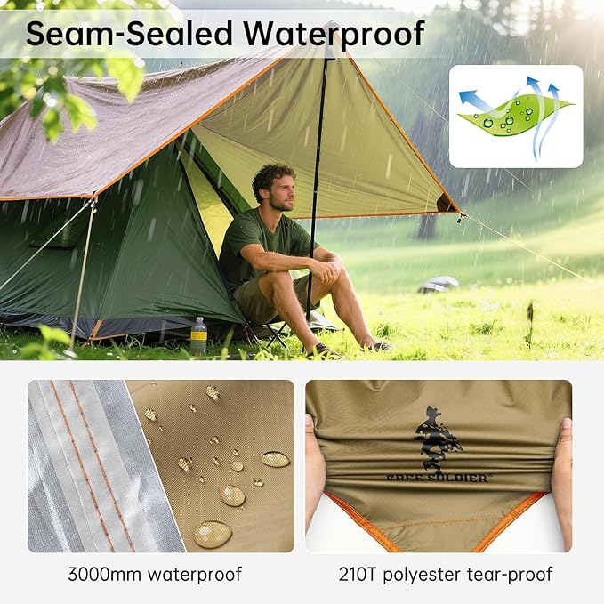 FREE SOLDIER Camping Tarp Waterproof Portable Multifunctional Outdoor Camping Traveling Awning Backpacking Shelter Rain Tarp (Greenish Brown 6 Loop 10×12ft)