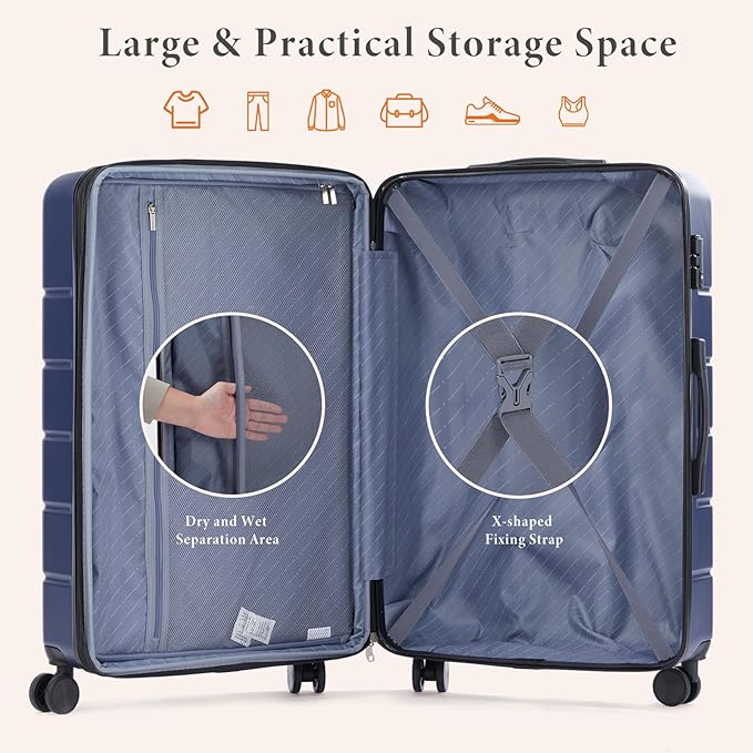 Sweetcrispy Carry on Luggage, Hard Shell ABS Suitcase with Double Spinner Wheels, Lightweight Expandable Rolling Suit Case with TSA Lock, 24 Inch Navy Blue