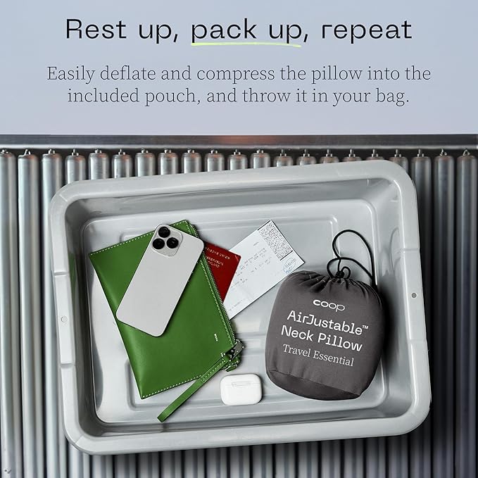 Coop Home Goods AirJustable Travel Neck Pillow, Inflatable, Adjustable Support for Neck & Chin, Compact Travel Pillow, Soft Memory Foam Comfort, Airplane Travel Essentials, Cooling & Washable Cover