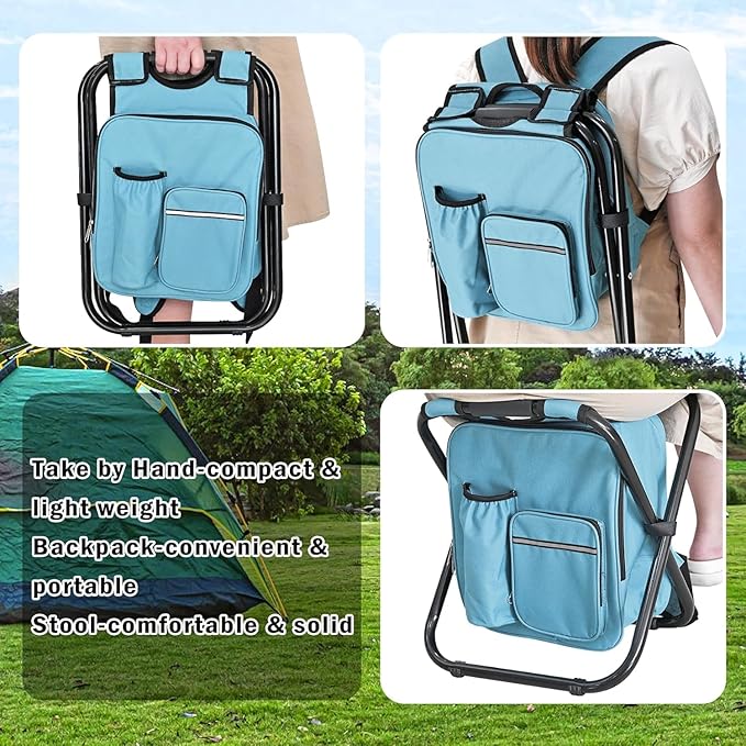 Kikerike Backpack Stool Cooler Chair Heavy Duty 400 LBS Max Load Portable Lightweight Folding Fishing Cooler for Camping Hunting Fishing - Sky Blue