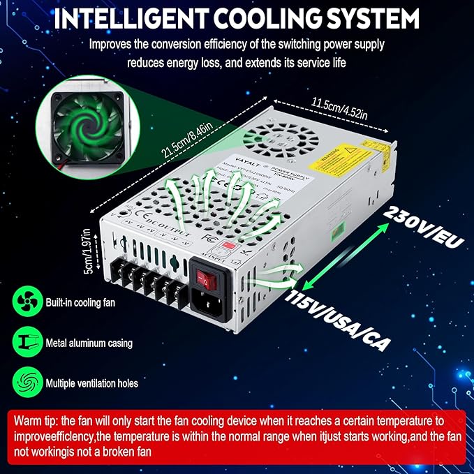 VAYALT New DC 12V 50A 600W Switching Power Supply, SMPS Power Supply, Universal Regulated Switching 110v to 12v Converter, for Industrial, CCTV, Computer Project, LED Strip Light (No Power Cord)