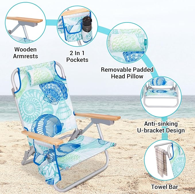 #WEJOY Folding Beach Chair for Adults, 4-Position Aluminum Lightweight Beach Chair, Low Sands Chairs with Shoulder Strap, Cup Holder and Padded Headrest, Supports 265lbs for Lawn