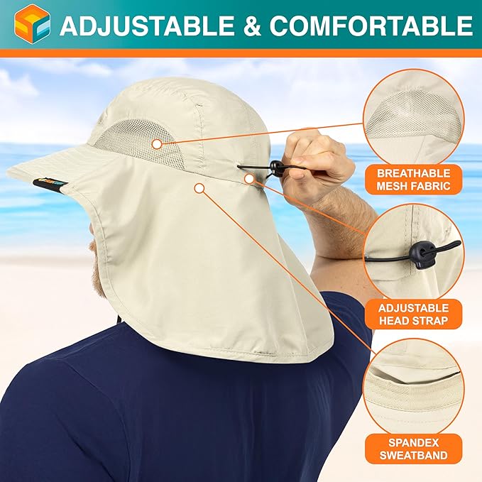 SUN CUBE Wide Brim Sun Hat with Neck Flap, UPF50+ Hiking Safari Fishing Hat for Men Women, Sun Protection Beach Hat