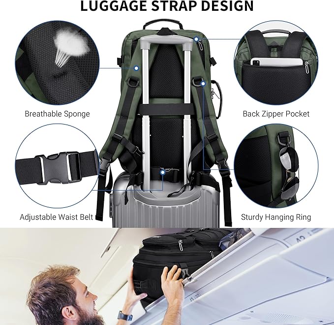 WITZMAN Carry On Travel Backpack for Men Large Convertible 45L Fit 17 Inch Laptop Backpack 3 in 1 Bag for Airline Approved(B688 Army Green)