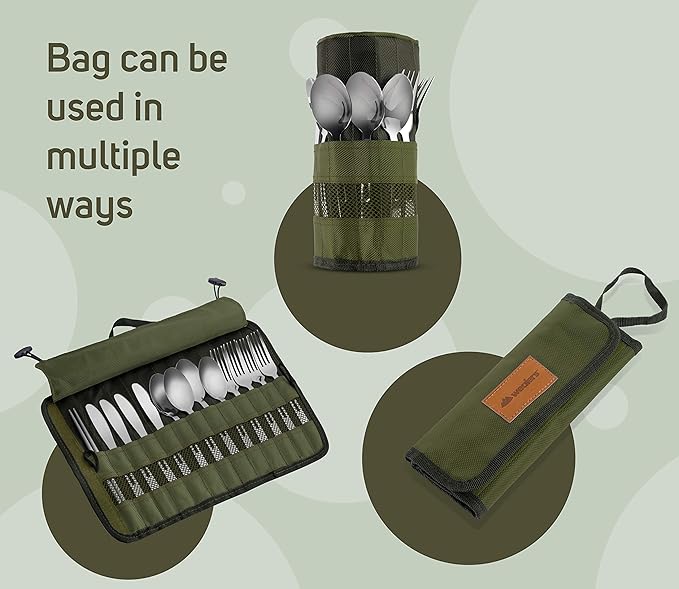 13 Piece Stainless Steel Family Cutlery Picnic Utensil Set with Travel Case for Camping | Hiking | BBQs - Includes Forks | Spoons | Knifes | Chopstick, Plus Nylon Commuter Case (Green)