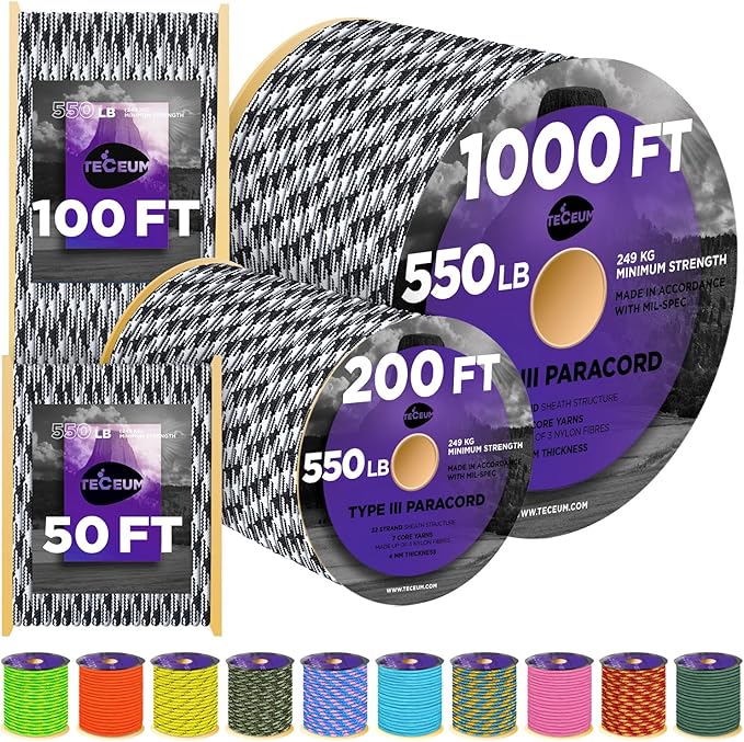 TECEUM 5/32" Paracord Rope 1000 – 1000ft / 200ft / 100ft / 50ft – Tactical Parachute Cord 4mm – 45+ Colors – Nylon String for Survival & Camping Gear – Stripe Cord for Survival – Utility Rope