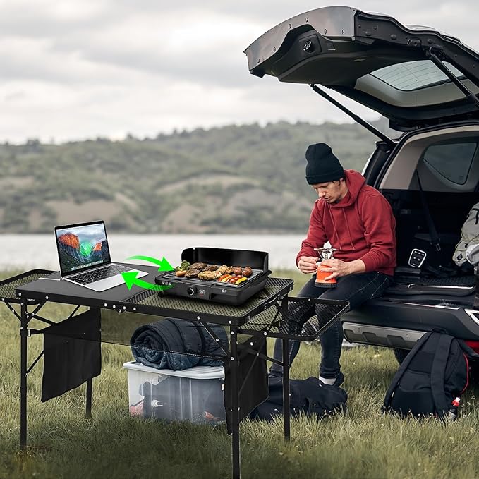 Nice C Camping Table, Ourdoor Grill Table, Tailgate Tables, Solar Panel Tables with USB Type-C&DC Charging Cable, 42W Portable Solar Charger, 2 Side Shelves, with Mesh Net&Cup Holders