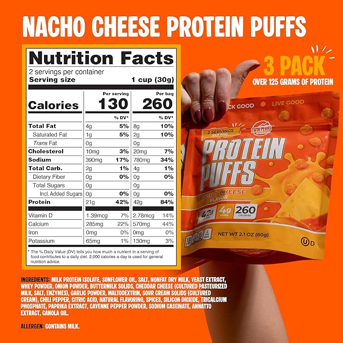 Twin Peaks Low Carb, Keto Friendly Protein Puffs, (Nacho Cheese), 2 Servings, 3 Pack (60g, 42g Protein, 4g Carbs)