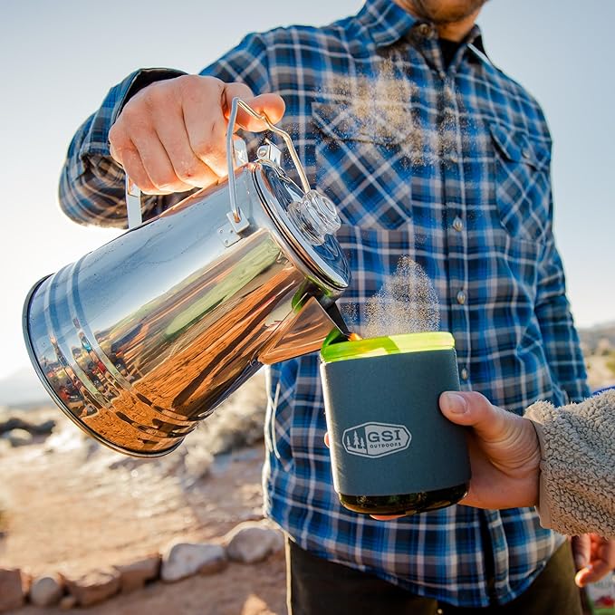 GSI Outdoors Percolator Coffee Pot I Glacier Stainless Steel Ultra-Rugged for Brewing Coffee Over Stove and Fire | Ideal for Group Camping, 8 Cup