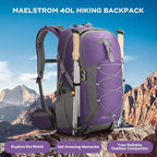Maelstrom Hiking Backpack,Camping Backpack,40L Waterproof Hiking Daypack with Rain Cover,Lightweight Travel Backpack,Purple