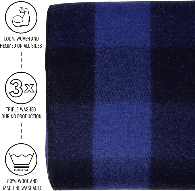 Arcturus Plaid Wool Blankets - 4.5lbs Warm, Heavy, Washable, Large | Great for Camping, Outdoors, Sporting Events, or Home