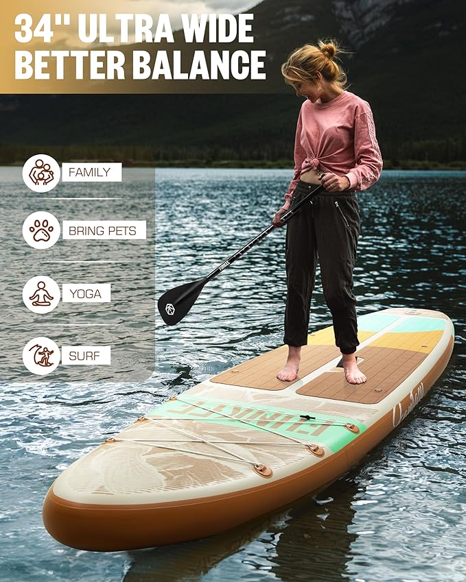 11’×34"×6" Extra Wide Inflatable Stand Up Paddle Board, Sup Board with Removable Fins, Backpack, Floating Paddle, Safety Leash, Floating Phone Case for Adults & Youth of All Skill Levels