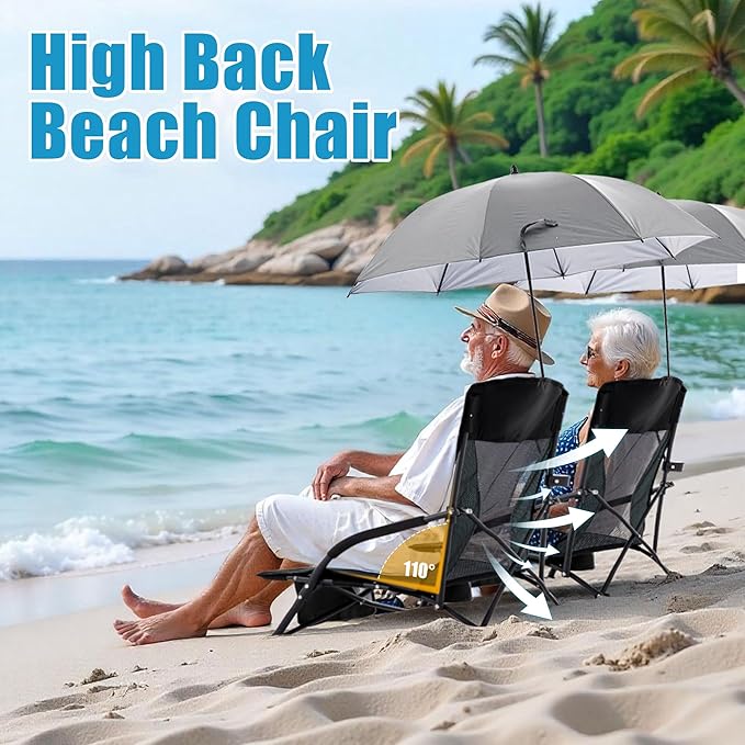 Lamberia Folding Beach Chair with Umbrella for Adults, Portable Low Beach Chairs with 300lbs Capacity, Lightweight Fodable Camping Chair for Travel, Picnic, Concert & Outdoor Activities, Black-Grey