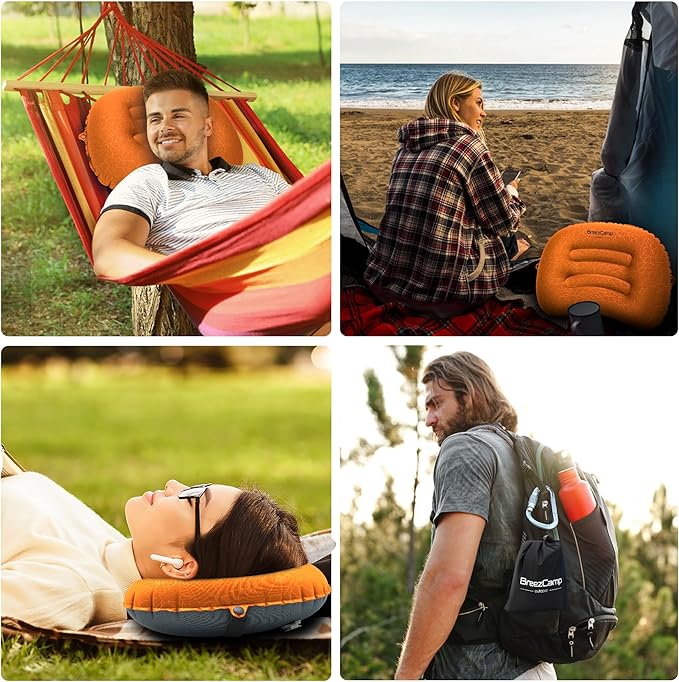 Inflatable Camping Pillow, Travel Blow Up Air Pillow, Neck Lumbar Support Ultralight Compact Pillow for Outdoor Hiking Backpacking Car Beach Airplane Sleeping Essentials, Orange