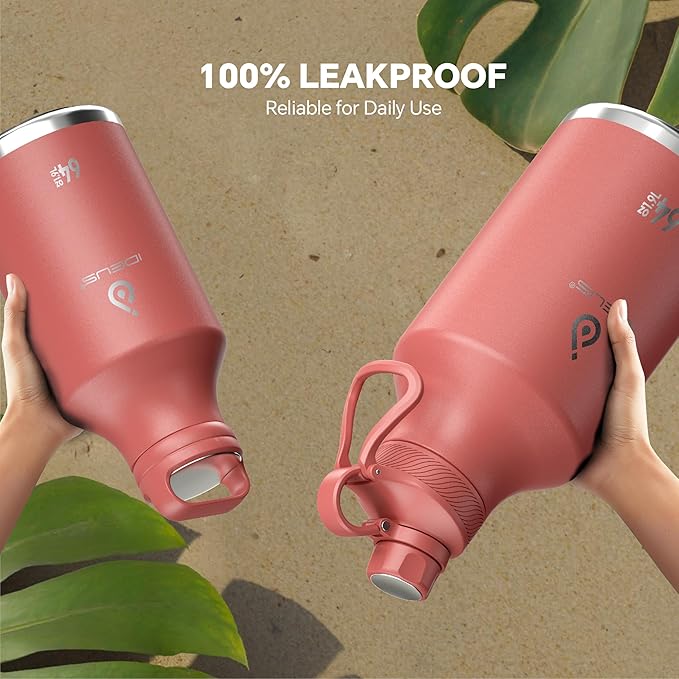 IDEUS Insulated Stainless Steel Water Bottle with 2 Leak-Proof Lids, Thermal Water Flask for Hiking Biking, 64oz, Red