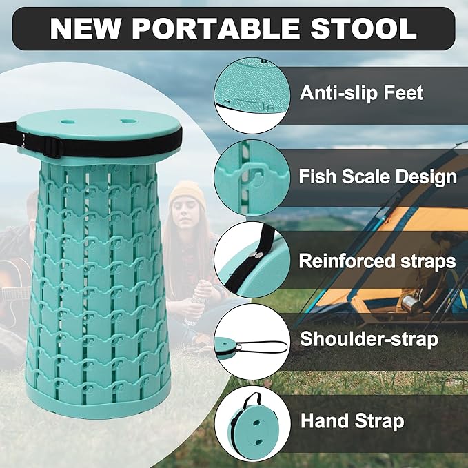 ALEVMOOM Upgraded Collapsible Stool with Cushion,600LBS Max Weight,18.31" Height Adjustable,Sturdy Portable Telescoping Stool,Folding Camping Stool for Outdoor Hiking Travel