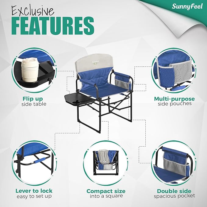 SUNNYFEEL Oversized Camping Directors Chair, Portable Folding Lawn Chairs for Adults Heavy Duty with Side Table,Pocket for Beach, Fishing,Picnic,Concert,Tailgating, Outdoor Foldable Camp Chair