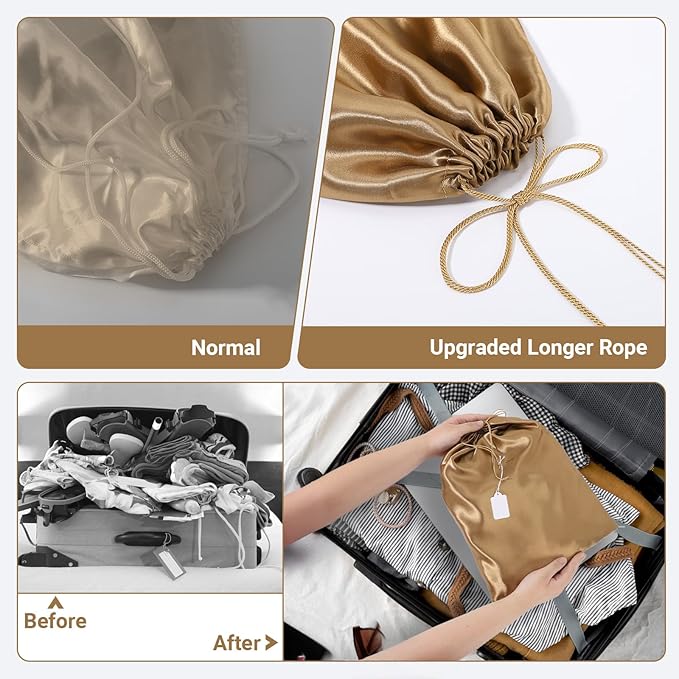 Ewen 3pcs Satin Drawstring Storage Pouch in Small Medium Large Sizes, Dustproof Packing Bag with Blank Tags for Closet Home Organization, Dark Brown Dustbags for Handbags Travel Essentials Shoes Purse