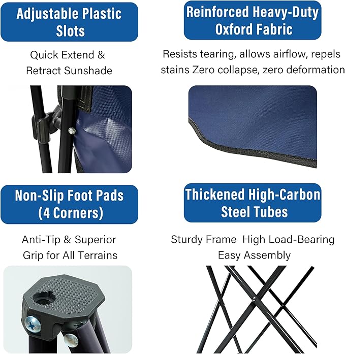 Folding Camping Chair with Canopy, Portable Outdoor Beach Chair for Fishing, BBQ, Picnic, Backyard, Lightweight Sun Shade Chair with Cup Holder, Navy Blue