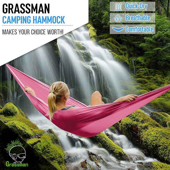 Grassman Camping Hammock Double & Single Portable Hammock with Tree Straps, Lightweight Nylon Parachute Hammocks Camping Accessories Gear for Indoor Outdoor Backpacking, Travel, Hiking, Beach