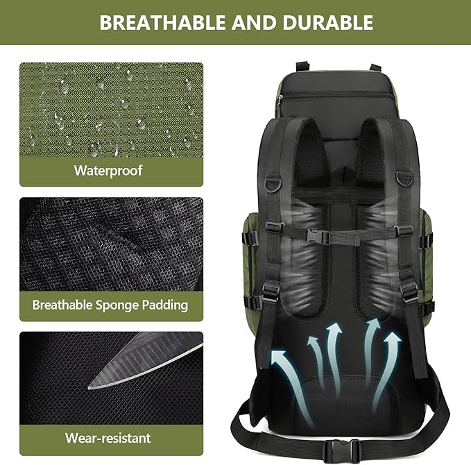 90L Hiking Backpack, Camping Travel Backpack with Rain Cover Lightweight Travel Daypack for Climbing Camping Touring (Green)