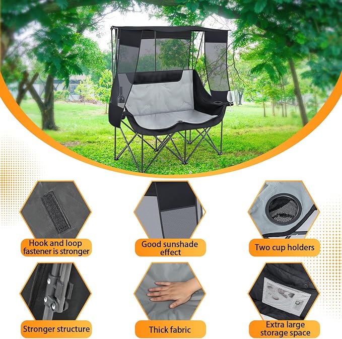 Double Camping Chair with Canopy Shade Oversized 2 Person Camping Sofa Fully Padded Folding Loveseat with Cup Hold and Storage Bag Sturdy for Lawn Beach Fall Outdoor Activities(Black)