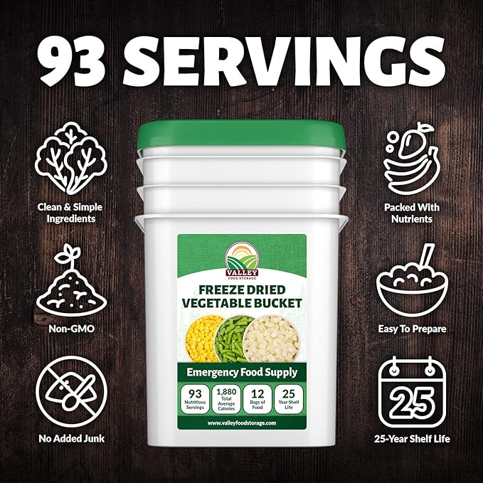 Freeze Dried Vegetable Bucket | 12 Pouches Premium Emergency Food Supply | Survival Food 25 Year Shelf Life | Camping Food, Backpacking Meals, Prepper Supplies | Valley Food Storage Packaged in USA