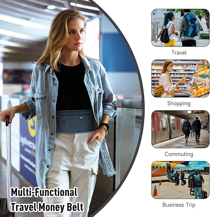 FuninCrea Waterproof Hidden Money Belt for Travel, Anti-Theft Belt Bag with RFID Blocking Function Adjustable Slim Waist Bag with 2 Zipper Pockets and 1 Back Pocket for Men and Women (Style l, Blue)