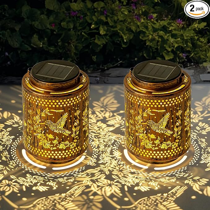 2 Pack Solar Lanterns Outdoor Waterproof Hummingbird and Iris Hanging Garden Lights with Metal Build Decorative Warm Light Solar Lamps for Patio Yard Gifts for Women