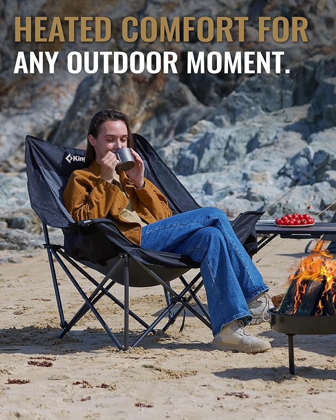 KingCamp Heated Oversized XL Camping Chair, Heavy Duty 500lbs Folding Couch for Adults, Padded Large Comfortable Sofa Seat 3 Heat Levels with Cooler Bag for Outdoor Sports Fishing Lawn, Black/Grey