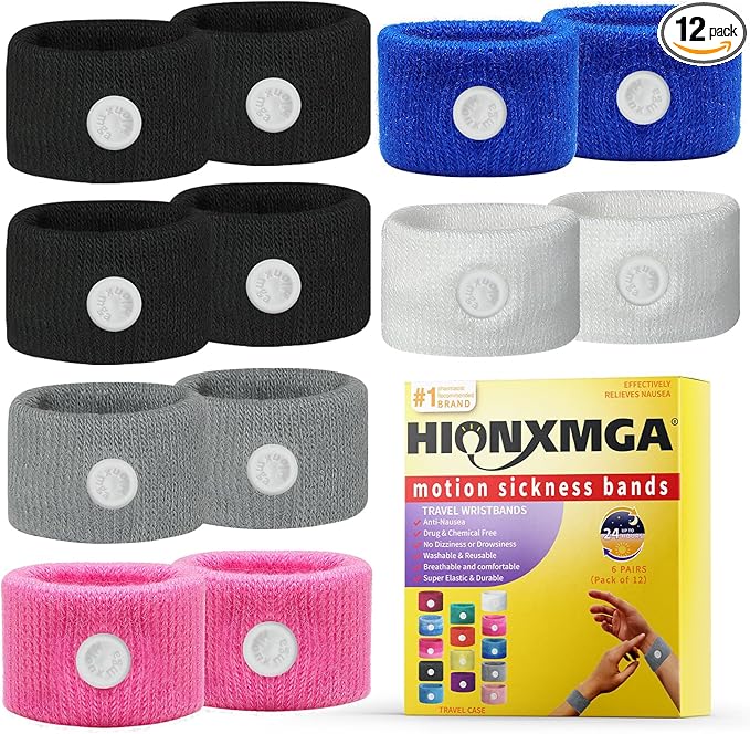 6 Pairs Motion Sickness Bands – Natural Anti Nausea Acupressure Wristbands for Morning & Motion Sickness Relief – Ideal for Car, Cruise & Flight Travel – for Adults and Kids
